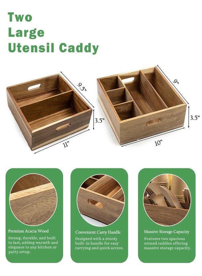 AMBER IMPRINT Acacia Wood Utensil Caddy for Parties (Set of 2) - 11" x 9.5" Utensil Holder for Party & Silverware Caddy for Countertop - Holds Plates, Napkins, Cups, Spoons, Forks - Kitchen Accessories - Image 3