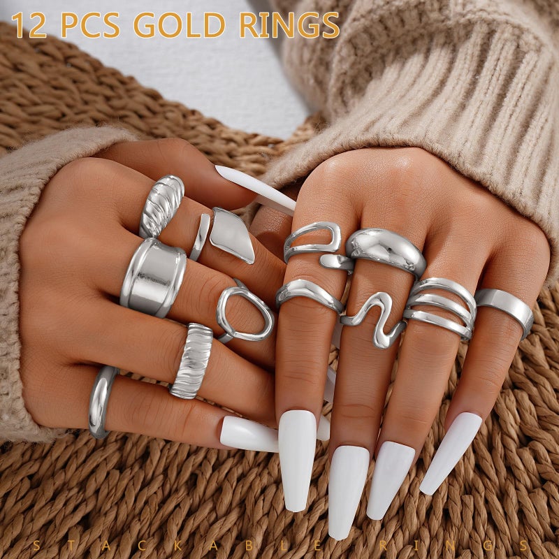 17mile 17 MILE 12 PCS Chunky Silver Rings for Women, Statement Open Stacking Rings, Stackable Knuckle Band Ring Set - Image 4