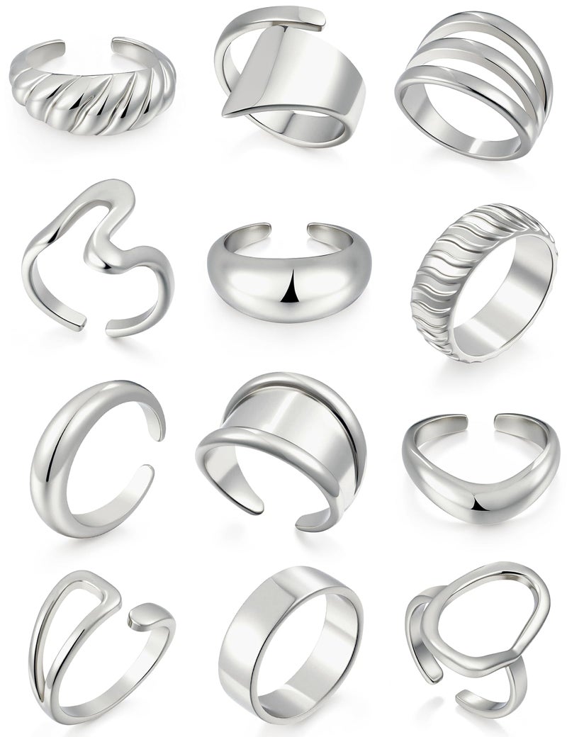 17mile 17 MILE 12 PCS Chunky Silver Rings for Women, Statement Open Stacking Rings, Stackable Knuckle Band Ring Set - Image 1