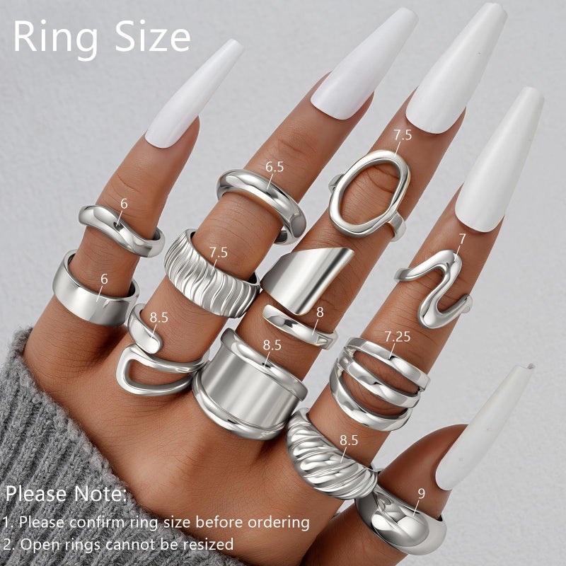 17mile 17 MILE 12 PCS Chunky Silver Rings for Women, Statement Open Stacking Rings, Stackable Knuckle Band Ring Set - Image 2