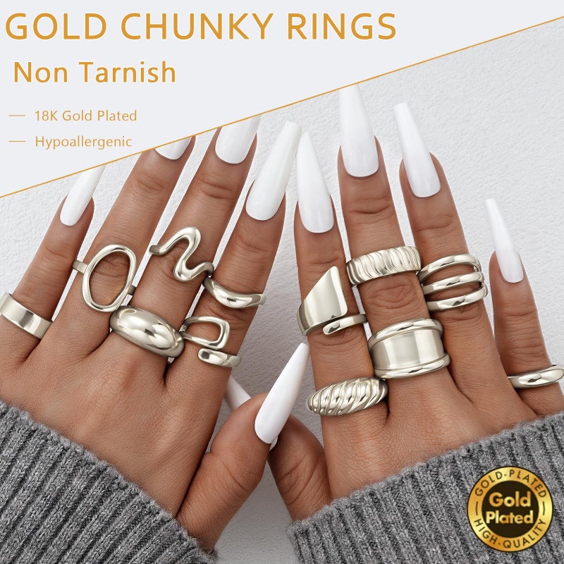 17mile 17 MILE 12 PCS Chunky Silver Rings for Women, Statement Open Stacking Rings, Stackable Knuckle Band Ring Set - Image 3