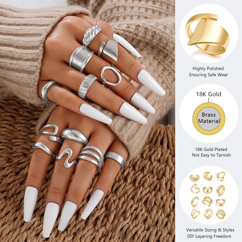 17mile 17 MILE 12 PCS Chunky Silver Rings for Women, Statement Open Stacking Rings, Stackable Knuckle Band Ring Set - Image 5