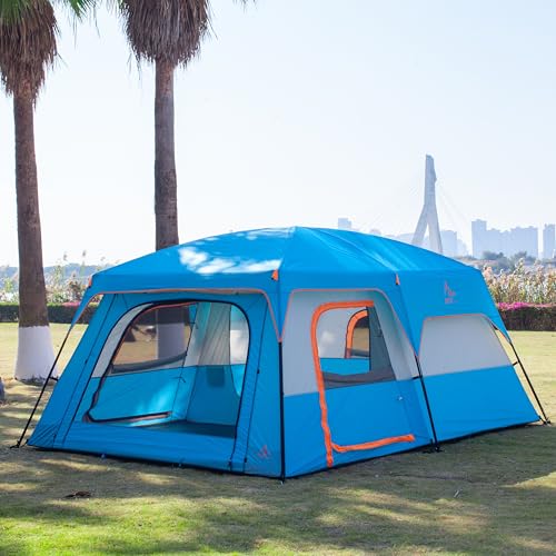 KTT Extra Large Tent 12 Person,Family Cabin Tents,2 Rooms,3 Doors and 3 Windows with Mesh,Straight Wall,Waterproof,Double Layer,Big Tent for Outdoor,Picnic,Camping,Family Gathering(Blue) - Image 3