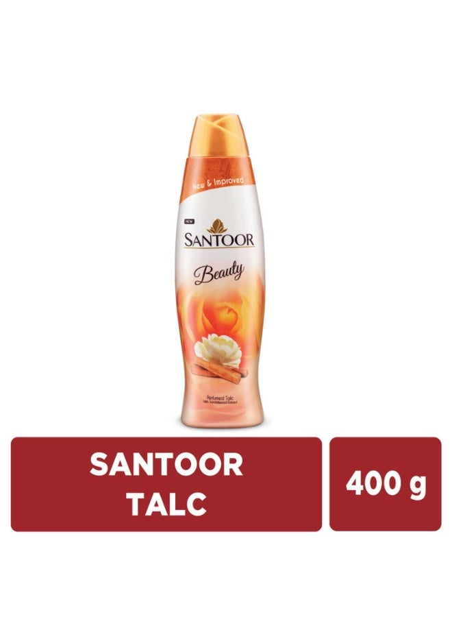 Santoor Beauty Talc with Sandalwood Extracts| Sandal, Rose, Musk & Geranium Mint Fragrance| Absorbs Excess Moisture| Dermatologically Tested| For All Skin Types (400g) - Image 3