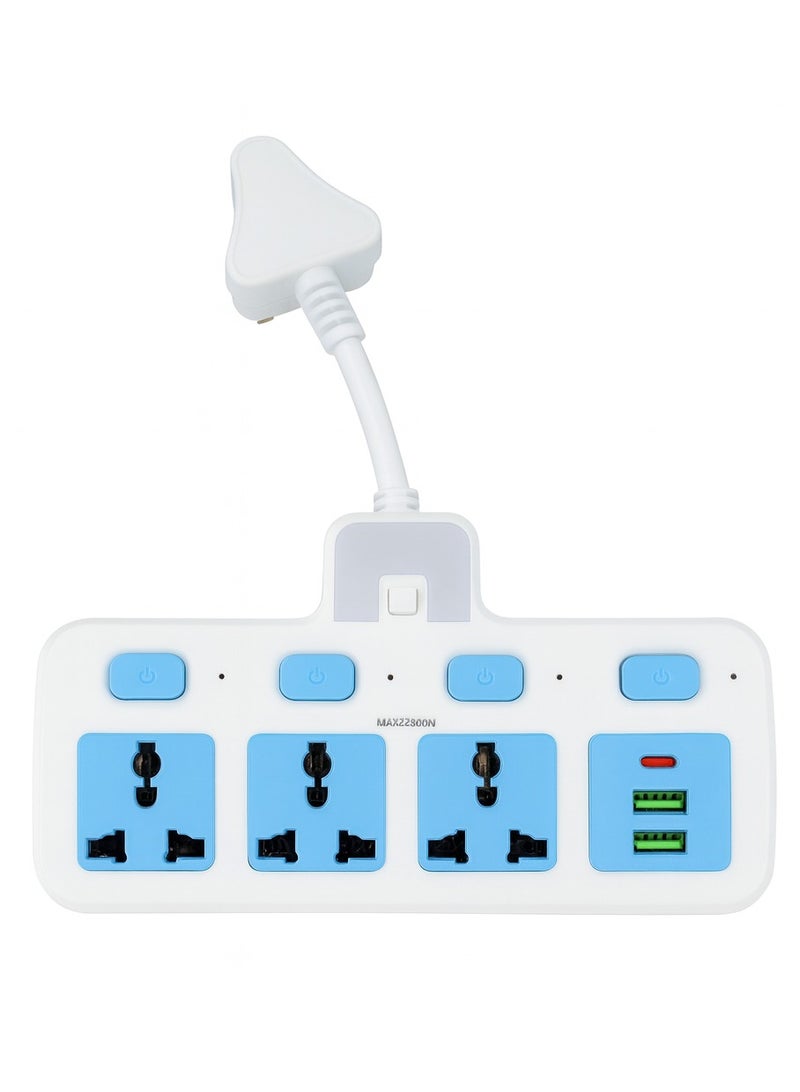 لاكي هوك 3 وصلات مقبس طاقة مع مفتاح فردي ومؤشر، 2 منفذ USB 1 نوع C | نوع التعليق | الاستخدام المنزلي والمكتبي | جودة عالية | سهل الحمل | 10 أ | 220 فولت | 50/60 هرتز | 2500 واط (أبيض وأزرق) - Image 1