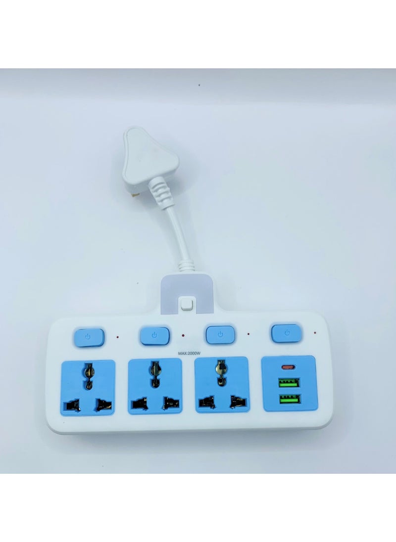 Lucky Hawk 3 Power Socket Extension with Individual Switch and Indicator, 2 USB Port 1 C Type | Hanging Type | Home and Office Use | High Quality | Easy to Carry | 10A | 220V | 50/60Hz | 2500W (White and Blue)  - Image 1
