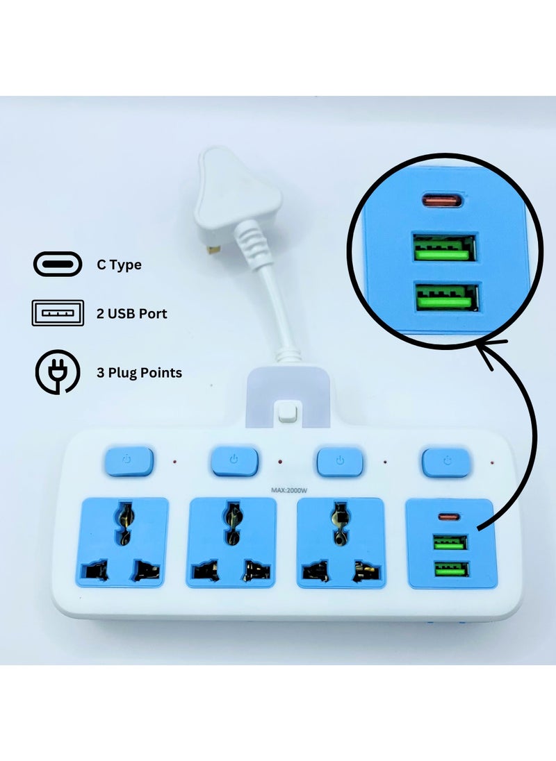 Lucky Hawk 3 Power Socket Extension with Individual Switch and Indicator, 2 USB Port 1 C Type | Hanging Type | Home and Office Use | High Quality | Easy to Carry | 10A | 220V | 50/60Hz | 2500W (White and Blue)  - Image 2