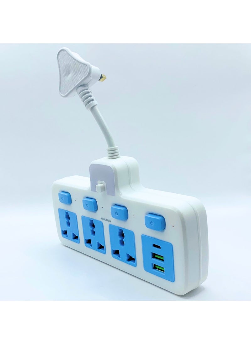 Lucky Hawk 3 Power Socket Extension with Individual Switch and Indicator, 2 USB Port 1 C Type | Hanging Type | Home and Office Use | High Quality | Easy to Carry | 10A | 220V | 50/60Hz | 2500W (White and Blue)  - Image 3