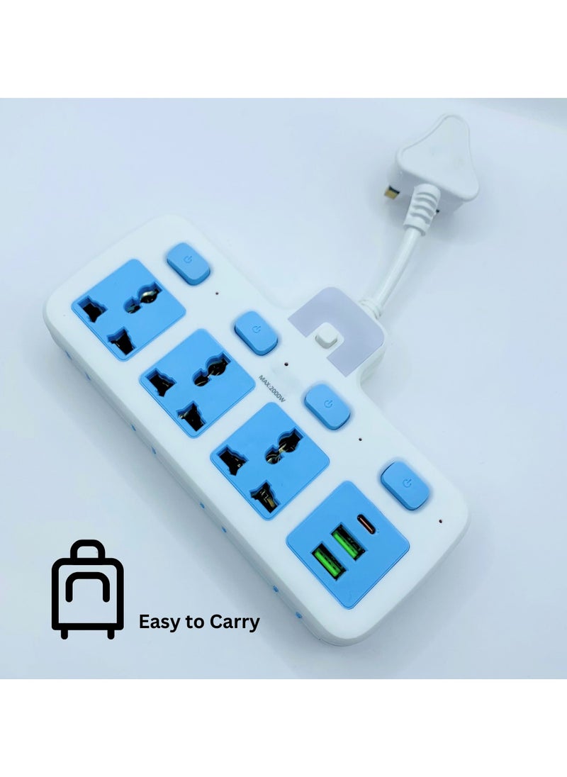 Lucky Hawk 3 Power Socket Extension with Individual Switch and Indicator, 2 USB Port 1 C Type | Hanging Type | Home and Office Use | High Quality | Easy to Carry | 10A | 220V | 50/60Hz | 2500W (White and Blue)  - Image 5