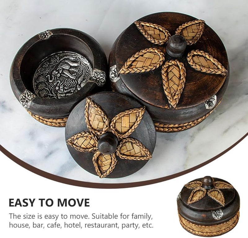 Vintage Handmade Solid Wood Ashtray with Lid 10Cm Decorative Smoking Tray - Image 5