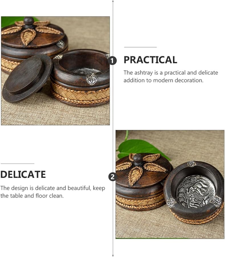 Vintage Handmade Solid Wood Ashtray with Lid 10Cm Decorative Smoking Tray - Image 4