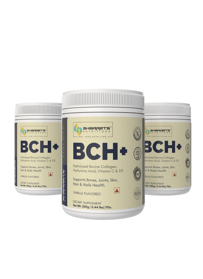 Sharrets Bch+ Vanilla Flavored 200G X 3 - Bovine Collagen Powder Supplement With Hyaluronic Acid, Vitamin C & D: Skin, Joint & Bone Support.  - Image 1