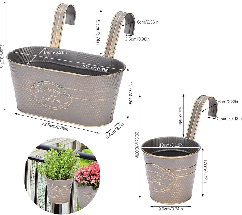 PerGar Ready goods scheduled ship Vintage Metal Iron Wall Hanging Flower Pots, Rustic Planter Bucket Herb Flower Plant Holder with Detachable Hooks & Drainage Hole for Railing Fence Balcony Deck Garden Home Decoration, Set of 3 All need matching options - Image 2