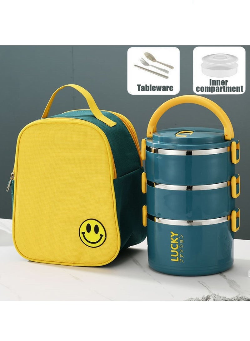 Lucky Triple Large Capacity Stainless Steel Lunch Box, Portable Insulated Lunch Box with Inner Compartment Warmer, Cutlery and Insulated Pouch, Microwaveable, Great for School, Camping and Work, Kitchen Organizer and Storage, Kitchen Accessories - Image 1
