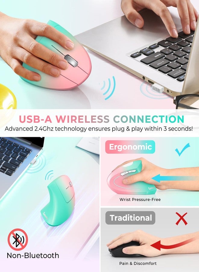 Lekvey Ergonomic Mouse, Vertical Wireless Mouse, Rechargeable 2.4G Optical Carpal Tunnel Mice with USB Receiver: 1000/1200 / 1600 DPI, 6 Buttons, for Laptop, Computer, PC, Desktop, Pink Green - Image 3