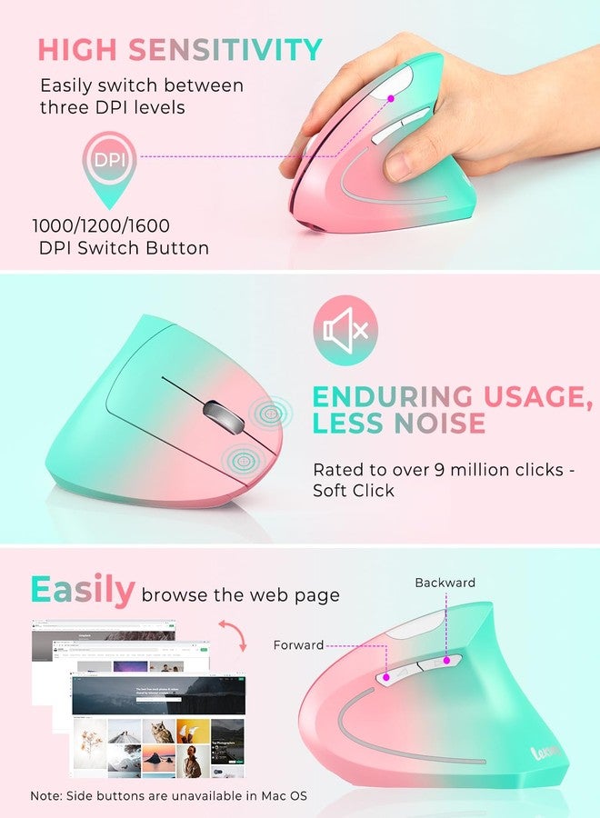 Lekvey Ergonomic Mouse, Vertical Wireless Mouse, Rechargeable 2.4G Optical Carpal Tunnel Mice with USB Receiver: 1000/1200 / 1600 DPI, 6 Buttons, for Laptop, Computer, PC, Desktop, Pink Green - Image 5