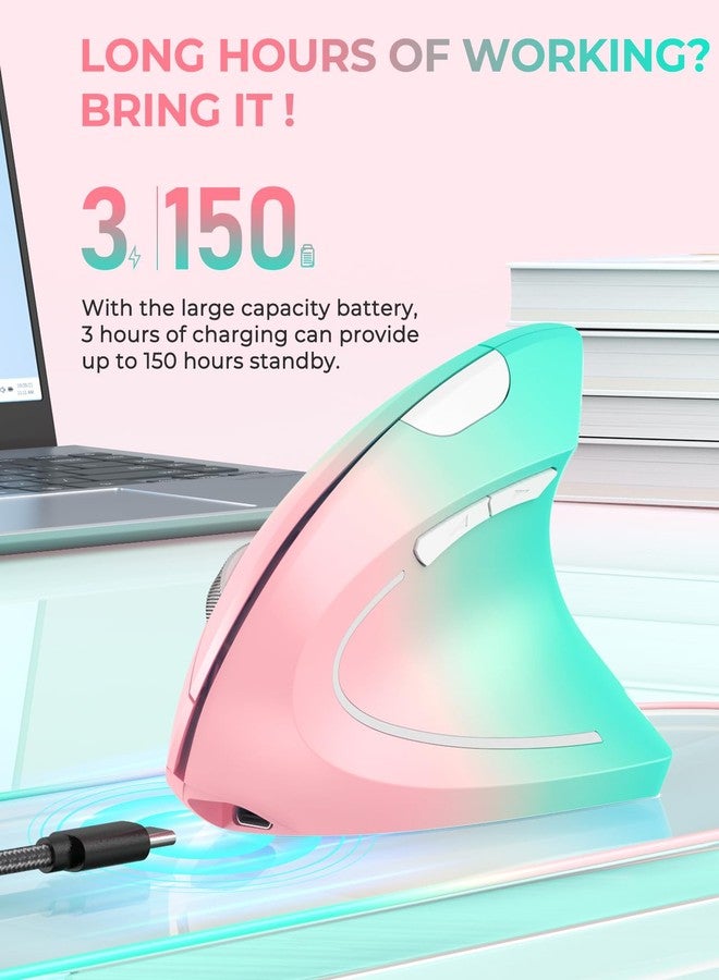 Lekvey Ergonomic Mouse, Vertical Wireless Mouse, Rechargeable 2.4G Optical Carpal Tunnel Mice with USB Receiver: 1000/1200 / 1600 DPI, 6 Buttons, for Laptop, Computer, PC, Desktop, Pink Green - Image 4