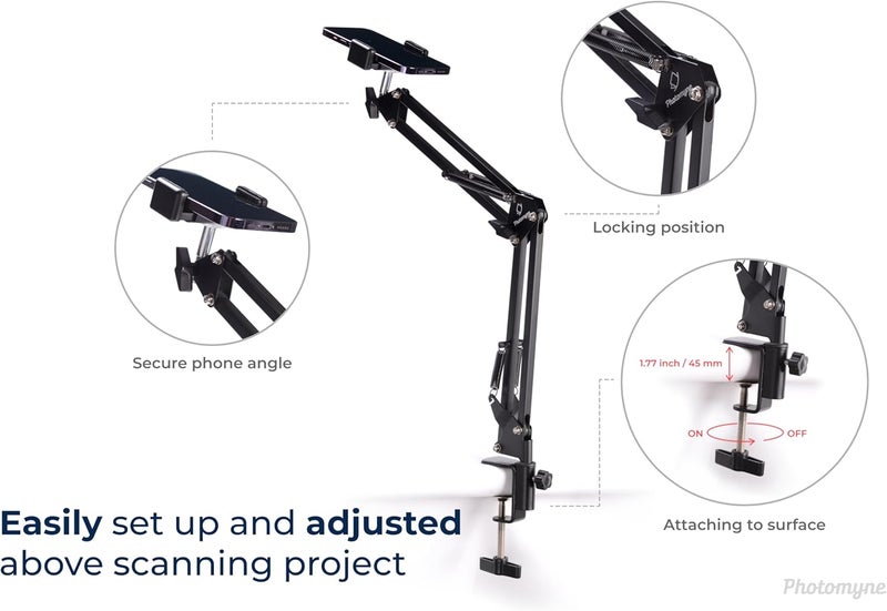 PHOTOMYNE Sturdy Flexible Phone Holder for Desk, Table, Office, Kitchen with Clamp for Photo Album Scanning, iPhone Holder for Desk- Black - Image 4