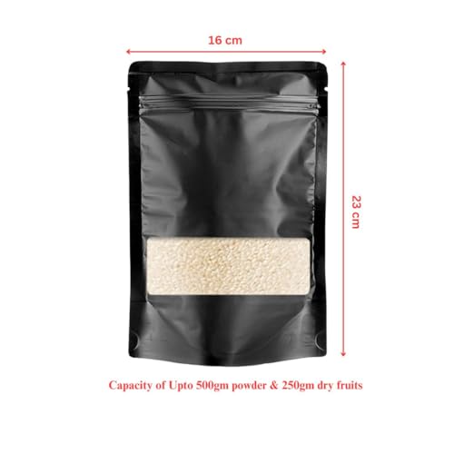 Deera Black Kraft Paper Ziplock Stand Up Pouch – 160x230mm – 500gm Capacity – Pack of 50 – Reusable Airtight Food Grade Storage Bags - Image 2