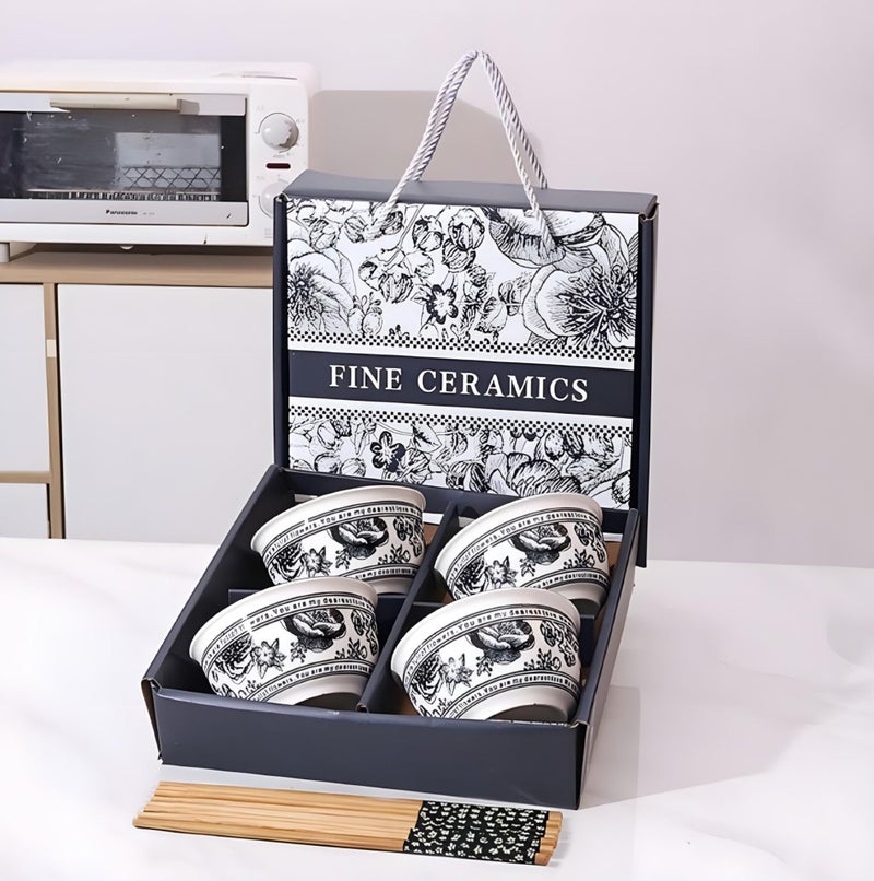 ONICORN Ceramic Bowl Set with Gift Box - 4-Piece Porcelain Bowls with Floral Print - Premium Elegant Dinnerware for Ramen, Soup, Rice, Pasta - for Home & Kitchen (Floral Printed Black, Pack of 4) - Image 1