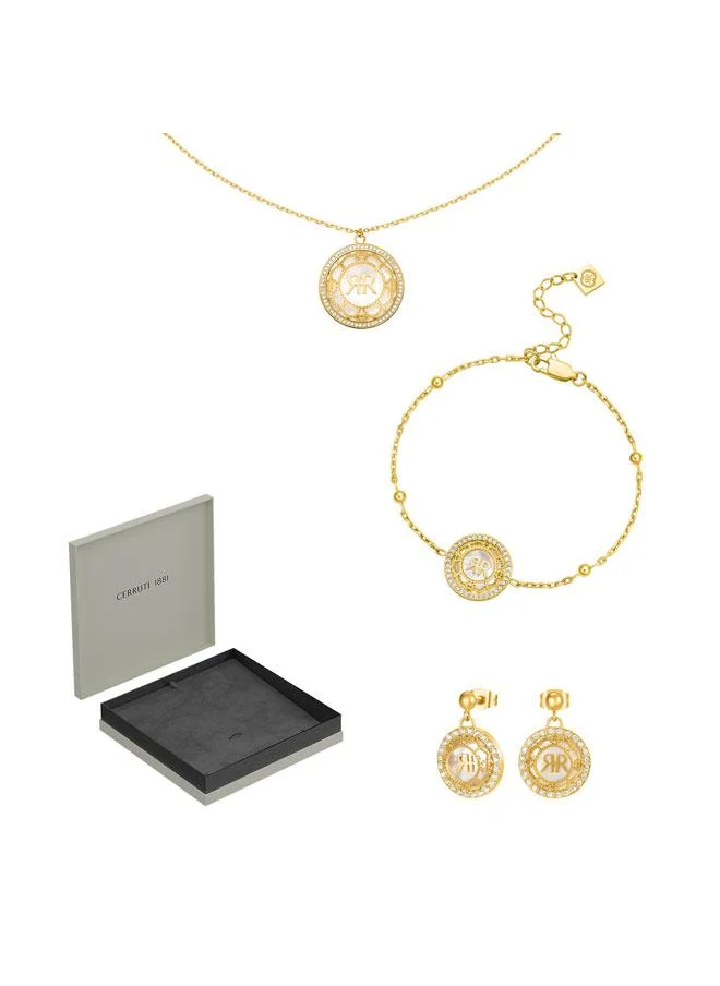CERRUTI 1881 Arabesque.3 Gold Plated MOP Big Necklace, Earrings and Bracelet Set Womens