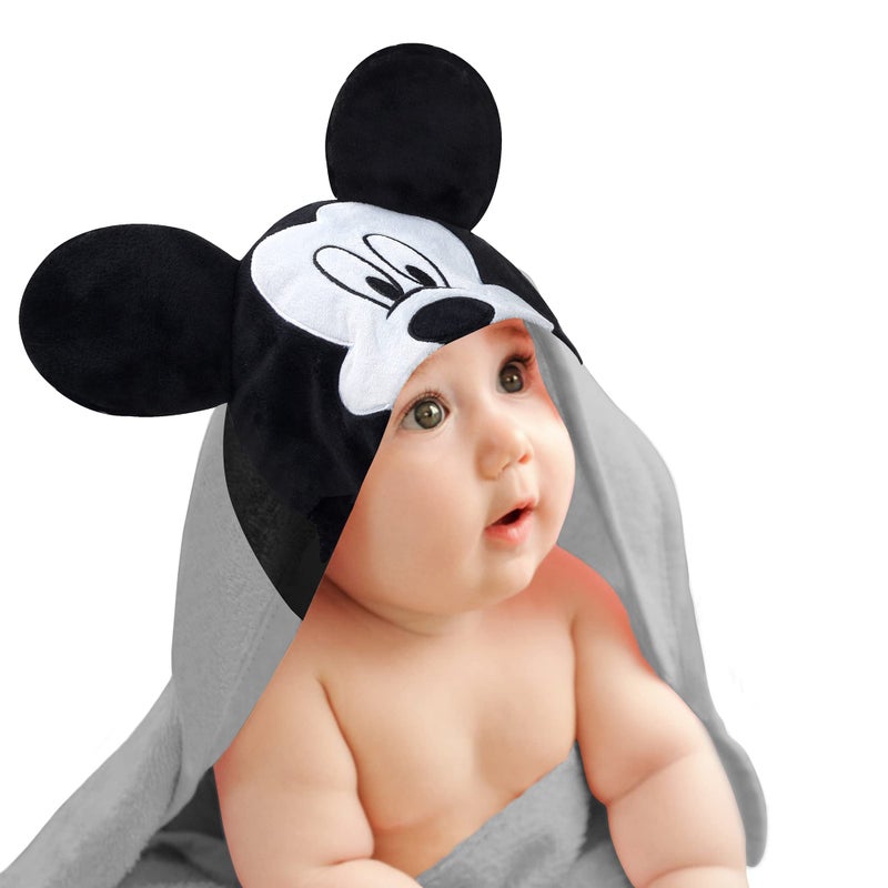Lambs & Ivy Disney Baby Mickey Mouse Gray Cotton Hooded Baby Bath Towel - Image 1
