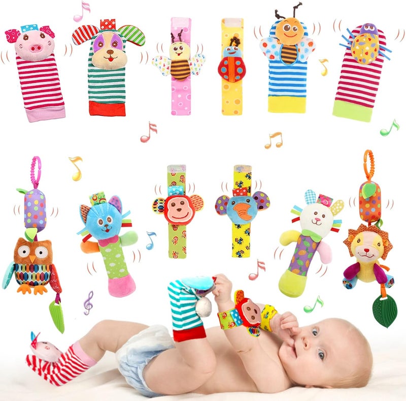 BLOOBLOOMAX Baby Soft Toy Foot Finder Socks Wrists Rattles Ankle Leg Hand Arm Bracelet Activity Hanging Rattle Baby Shower Present for Infant Toddler Boy Girl Bebe (12 G) - Image 1