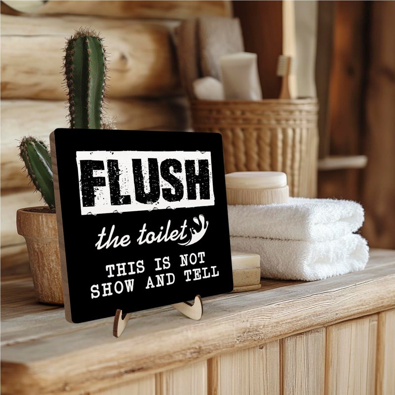DMADNF Flush Toilet Sign Bathroom Rules, Bathroom Quote Wooden Plaque Sign with Saying Please Flush This is Not Show and Tell Sign, Wooden Plaque Sign Home Farmhouse Shelf Bathroom Toilet Decor 5.9x5.9 Inch - Image 4