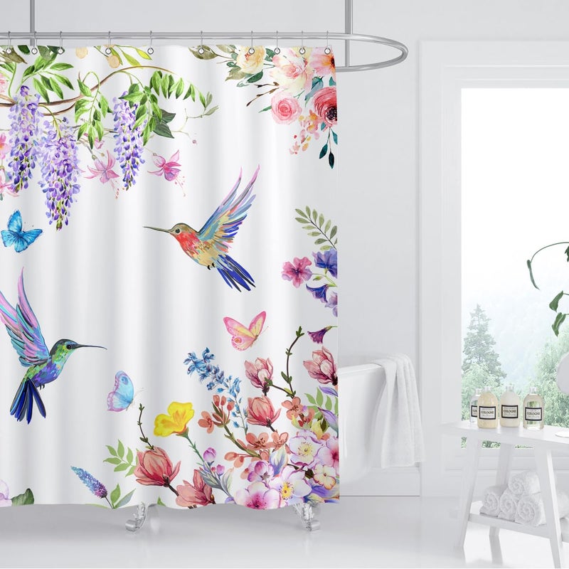 ZXMBF Watercolor Flower Hummingbird Shower Curtain Spring Bird Butterfly Floral Plant Nature Modern Home Bathroom Bathtub Decor Waterproof Fabric 72Lx72W Inch with 12PCS Hooks - Image 2
