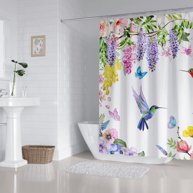 ZXMBF Watercolor Flower Hummingbird Shower Curtain Spring Bird Butterfly Floral Plant Nature Modern Home Bathroom Bathtub Decor Waterproof Fabric 72Lx72W Inch with 12PCS Hooks - Image 5