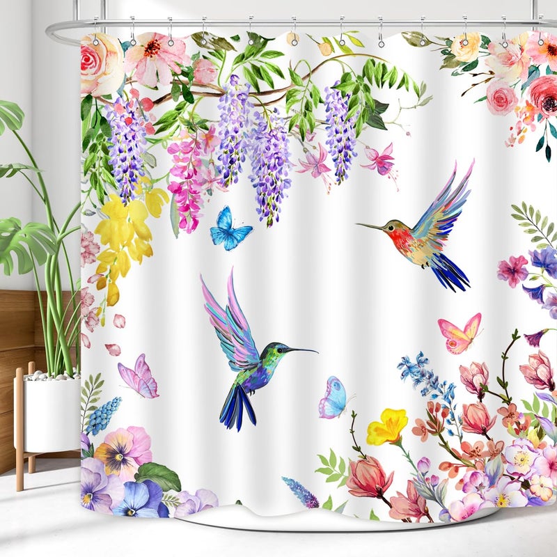 ZXMBF Watercolor Flower Hummingbird Shower Curtain Spring Bird Butterfly Floral Plant Nature Modern Home Bathroom Bathtub Decor Waterproof Fabric 72Lx72W Inch with 12PCS Hooks - Image 4