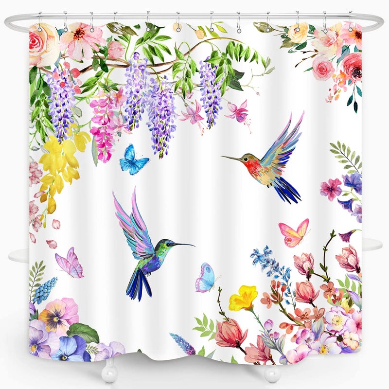 ZXMBF Watercolor Flower Hummingbird Shower Curtain Spring Bird Butterfly Floral Plant Nature Modern Home Bathroom Bathtub Decor Waterproof Fabric 72Lx72W Inch with 12PCS Hooks - Image 3