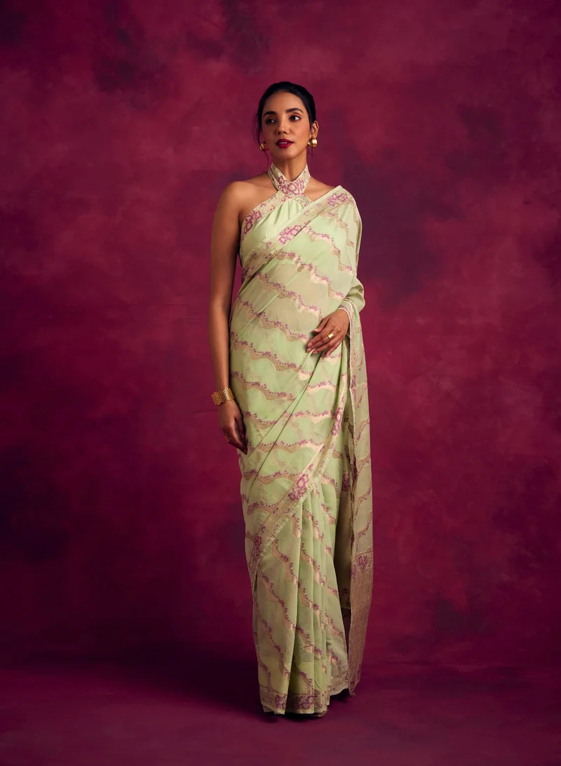 أبهشتي Banarasi woven zari saree-Pistachio green