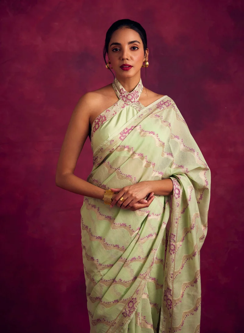 أبهشتي Banarasi woven zari saree-Pistachio green