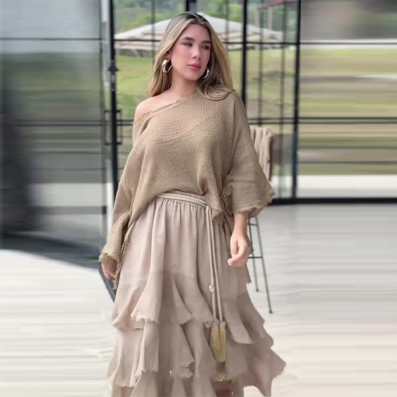 2024 Summer New European and American Cross-border Womens Crossing Collar Shoulder Top Half Cake Skirt Two-piece Set Khaki