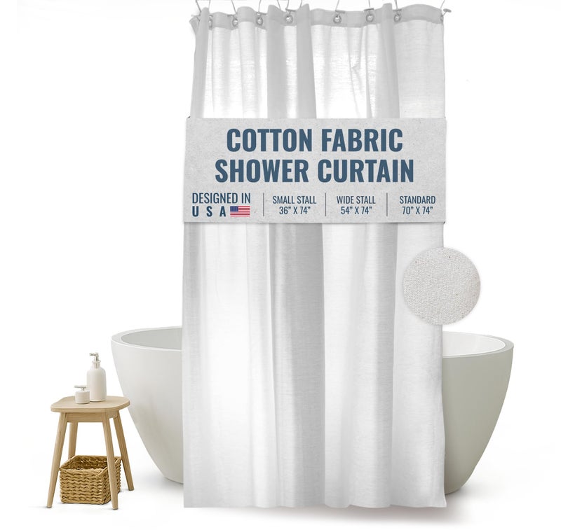 Bean Products FABRIC SHOWER CURTAIN LINER - Standard Stall Size - A Stylish Quality Bathroom Drape - Earth Friendly, Non-Toxic + Odor-Free Cotton Liner - Light-Weight Washable White Shower Curtain - 36x74 WC - Image 1