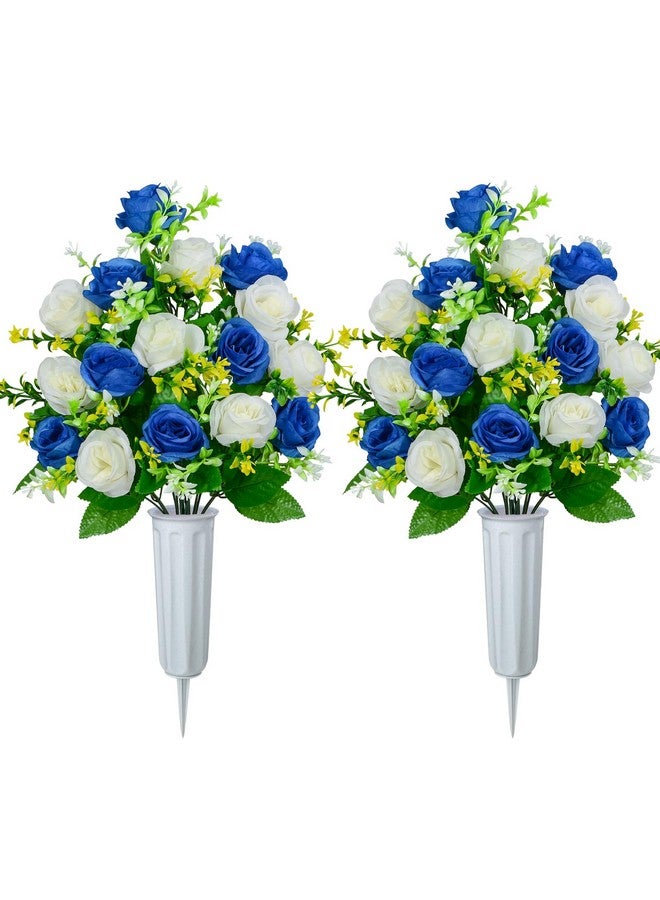 XONOR Artificial Cemetery Flowers, Set Of 2 Artificial Rose Bouquet Graveyard Memorial Flowers With Vase For Cemetery Headstones Decoration (Dark Blue&White-2Pcs) - Image 1