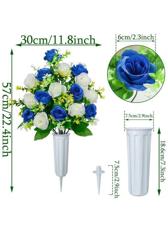 XONOR Artificial Cemetery Flowers, Set Of 2 Artificial Rose Bouquet Graveyard Memorial Flowers With Vase For Cemetery Headstones Decoration (Dark Blue&White-2Pcs) - Image 3