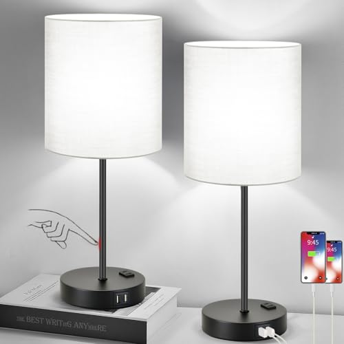 Lynnoland Set of 2 Touch Control Table Lamps with 2 USB & AC Outlet, 3-Way Dimmable Bedside Nightstand Lamps for Bedroom Living Room Nursery, 800 Lumens 5000K Daylight Bulbs Included - Image 1