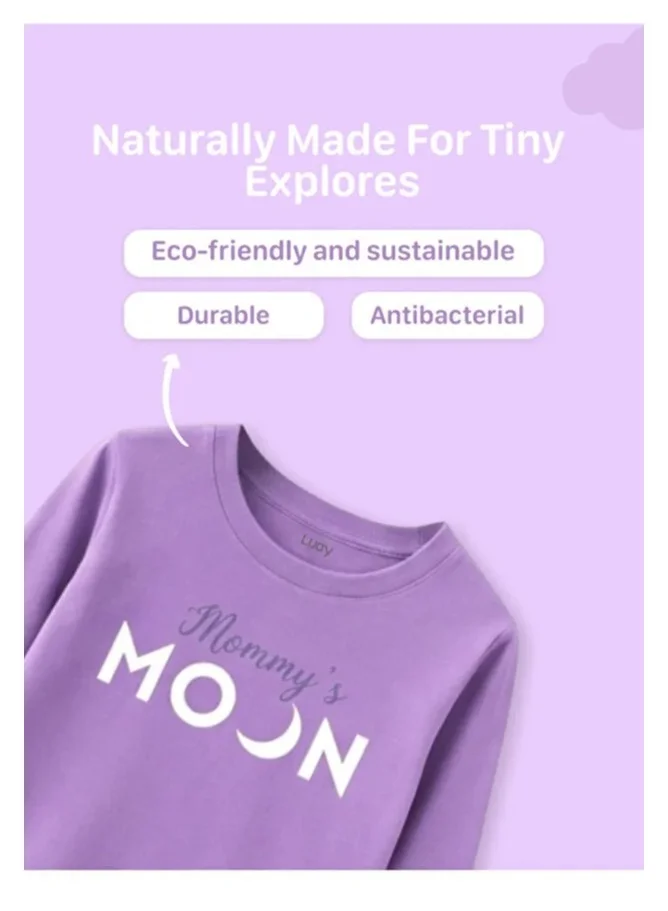 لؤي تي شيرت LUAY للجنسين مصنوع من الخيزران بنسبة 100% مصنوع من قماش فائق النعومة وأكمام كاملة مع طباعة قمر الأم - أرجواني ويستريا