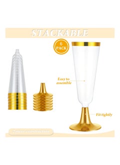 SYOSI 6 Pack Plastic Flutes Gold Cups 5OZ Glasses With Rim Elegant Stylish Premium Quality Disposable Wedding Party  - Image 2