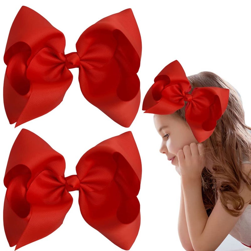 SALOCY Hair Bows Clips 2 PCS 8 Inch 20CM Grosgrain Ribbon Big Large Bows Alligator Clips for Girls Toddler Boutique Hair Accessories Set6 Red