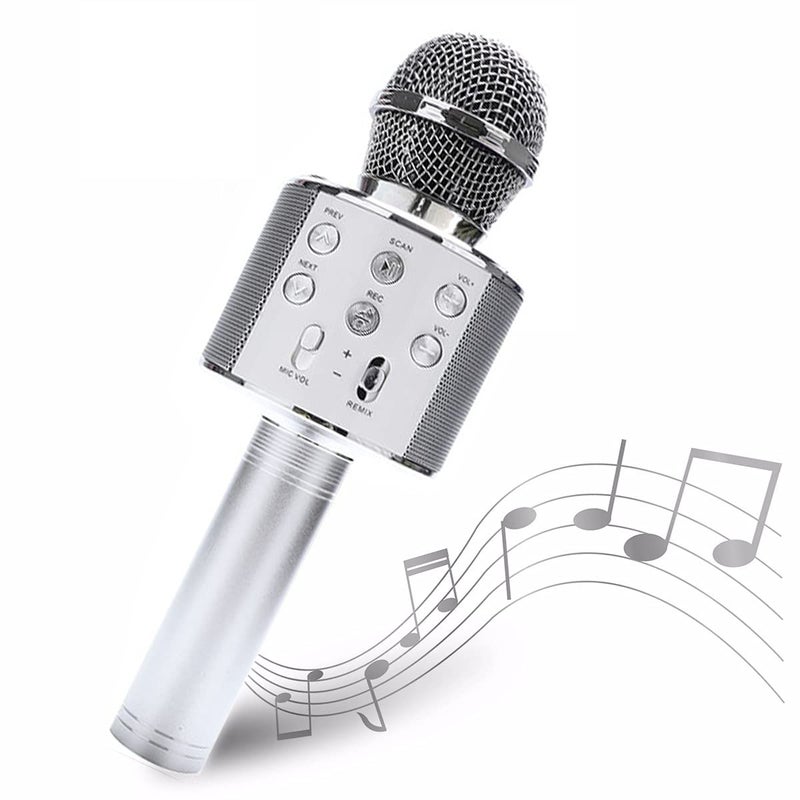 Madon Wireless Karaoke Microphone Bluetooth Handheld Speaker Home Party Player Christmas Birthday Gift For Kids Silver - Image 1