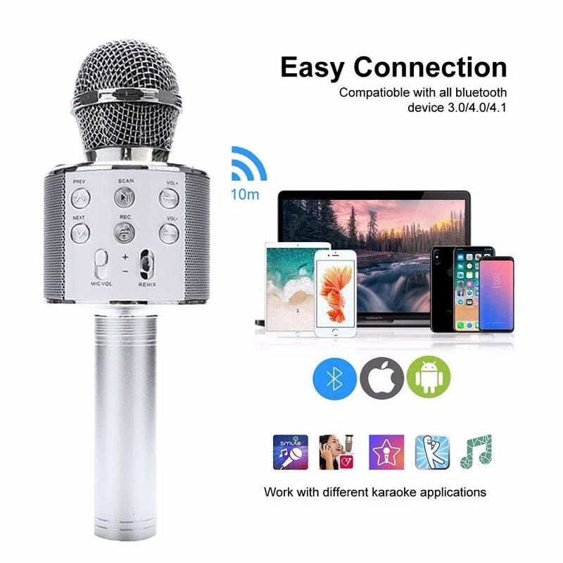 Madon Wireless Karaoke Microphone Bluetooth Handheld Speaker Home Party Player Christmas Birthday Gift For Kids Silver - Image 2