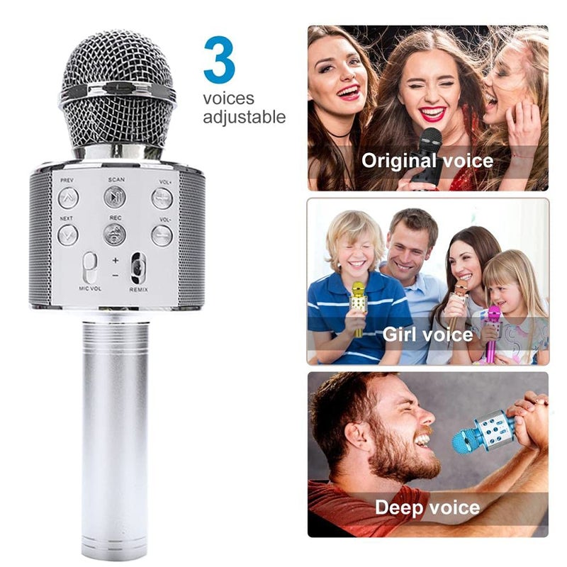 Madon Wireless Karaoke Microphone Bluetooth Handheld Speaker Home Party Player Christmas Birthday Gift For Kids Silver - Image 3