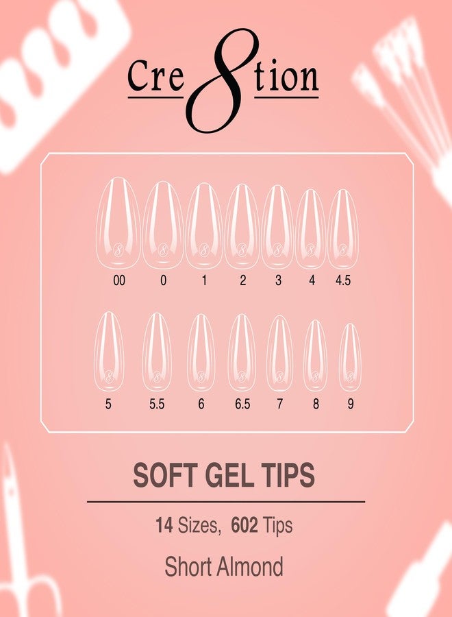 Cre8tion Soft Gel Nail Tips, Short Almond Shape, 602 Tips in 14 Sizes (00-9) for Professional Nail Extensions - Image 2