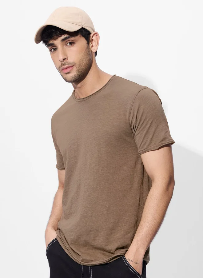 The Souled Store Men Regular Fit Solid Brown T-Shirt