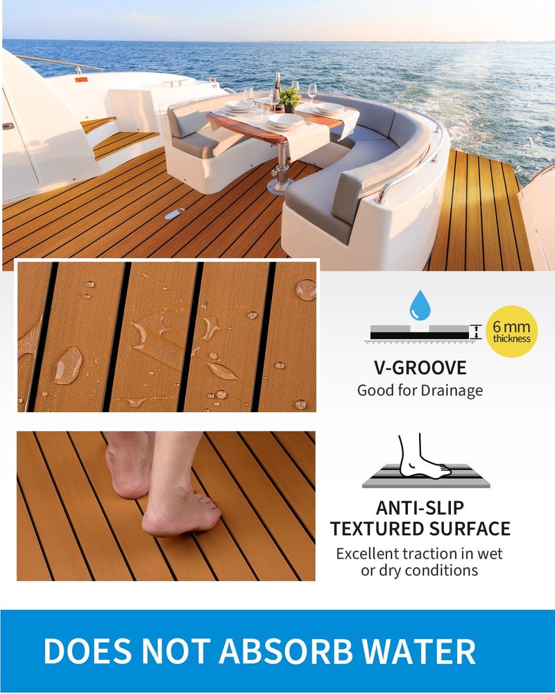 OCEANBROAD Boat Flooring EVA Foam Self-Adhesive 96''x28.8'' Faux Teak Marine Boat Decking Sheet for Jon Boats Yacht Floor, Brown with Black Seam Lines - Image 3