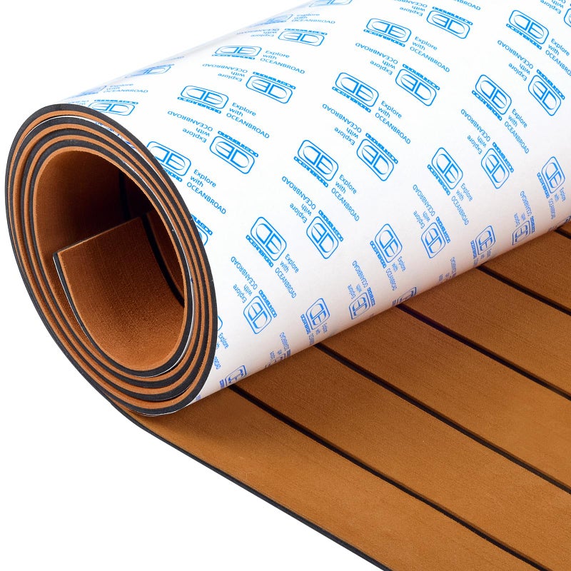 OCEANBROAD Boat Flooring EVA Foam Self-Adhesive 96''x28.8'' Faux Teak Marine Boat Decking Sheet for Jon Boats Yacht Floor, Brown with Black Seam Lines - Image 1