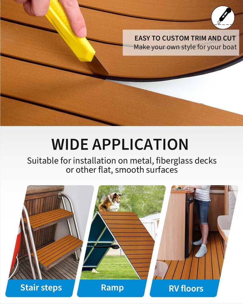 OCEANBROAD Boat Flooring EVA Foam Self-Adhesive 96''x28.8'' Faux Teak Marine Boat Decking Sheet for Jon Boats Yacht Floor, Brown with Black Seam Lines - Image 5